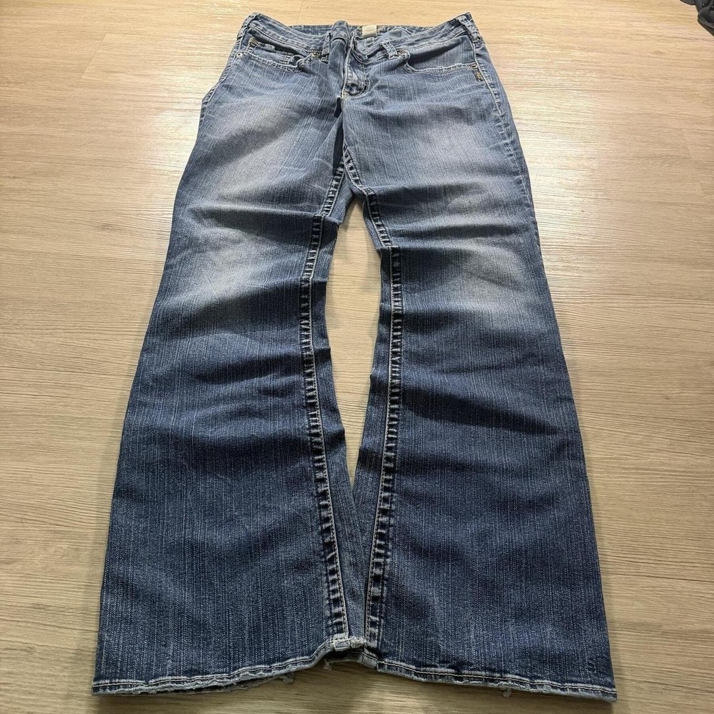 34x32 Blue Distressed Faded Low Rise Bootcut Jeans Y2K Indie